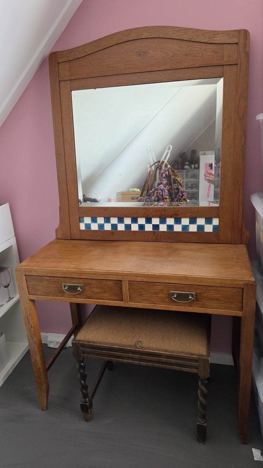 Antieke kaptafel met spiegel en krukje, Antiek en Kunst, Ophalen