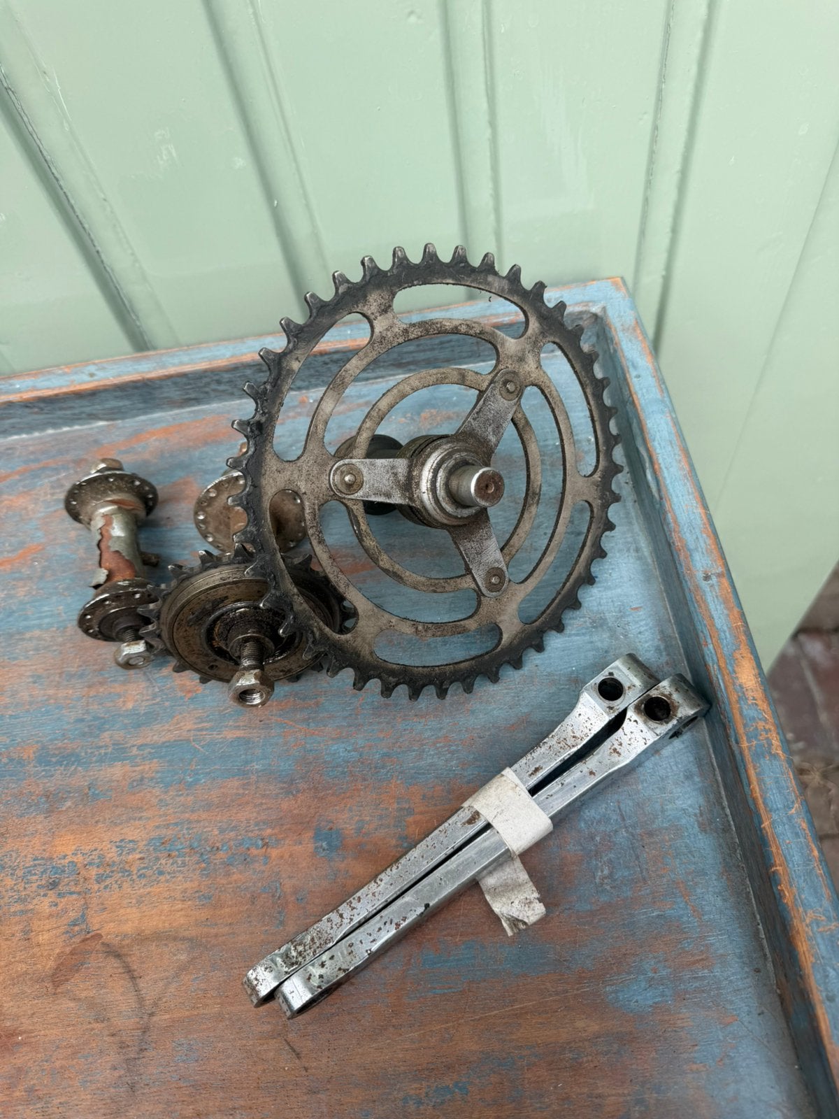 Fongers driepoot crankset dames incl voor- en achteras, Gebruikt, Staal, Ophalen of Verzenden, Derailleur of Ketting