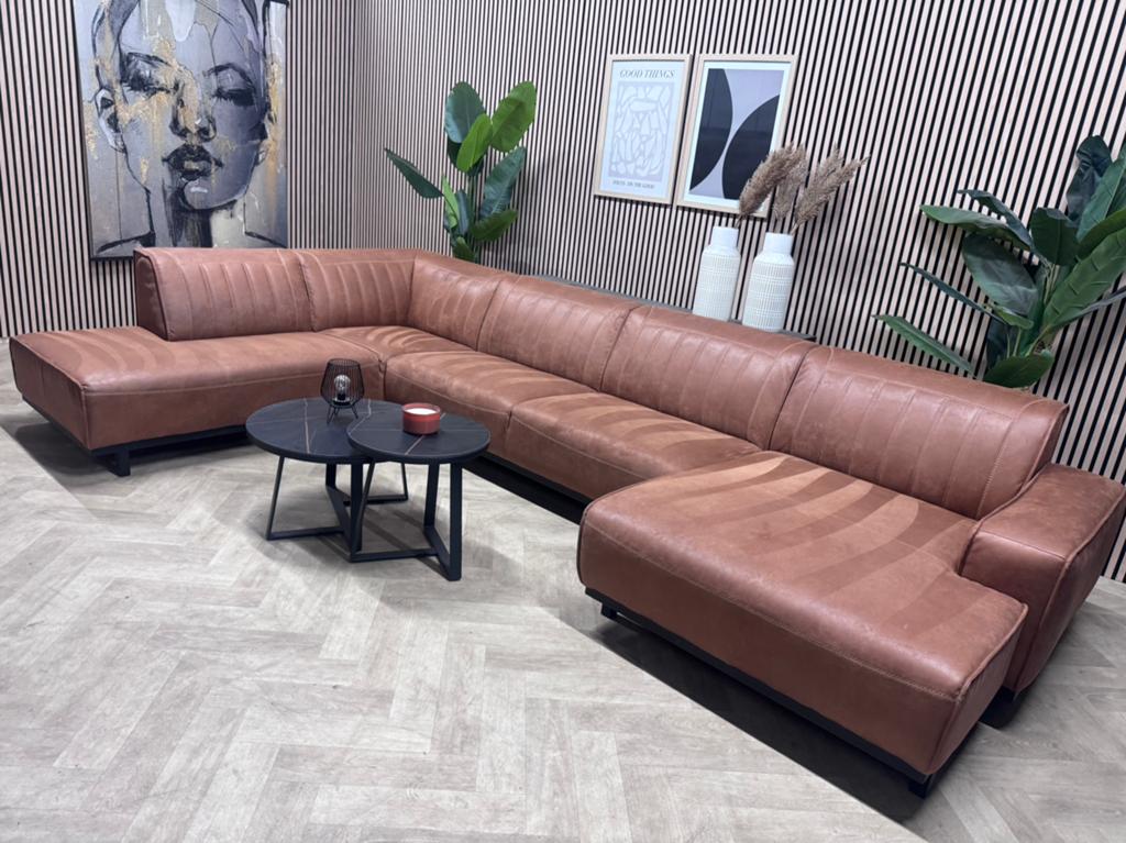 ZGAN Maverus Parijs Hoekbank / U-Bank - Cognac - 390cm, Modern Retro Industrieel Cognac U-Bank Hoekbank Microleer, -, -, Hoekbank