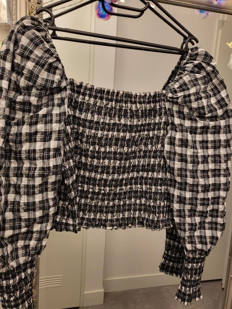Zwart-wit geruite crop top met pofmouwen, Zwart, Maat 46/48 (XL) of groter, Ophalen of Verzenden, Zo goed als nieuw