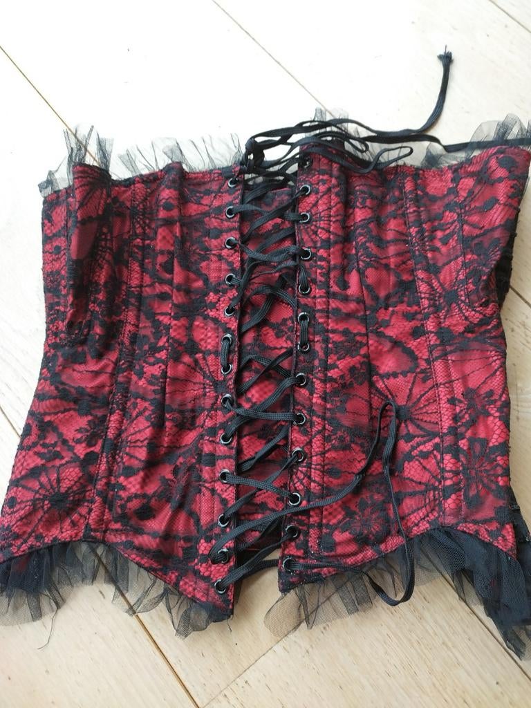 Rood met zwart kanten corsetje merk Cadolle Parijs maat L, Ophalen of Verzenden, Rood, Body of Korset