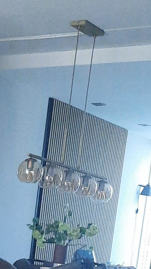 Mooie bronskleurige lamp met 5 amberkleurige bollen, Ophalen, Zo goed als nieuw