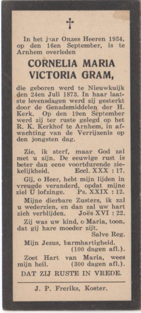 Cornelia M.V. Gram 1873 Nieuwkuijk + 1934 Arnhem, 61 jaar, Ophalen of Verzenden