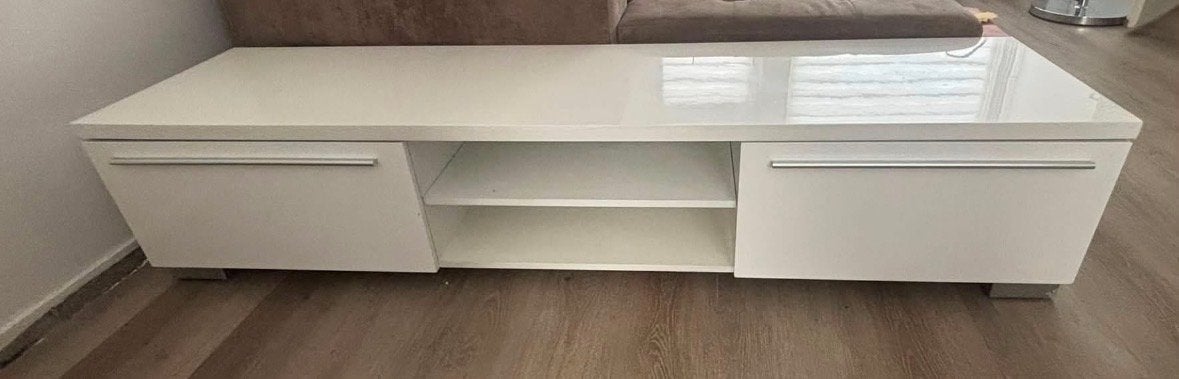 Witte hoogglans tv meubel met opbergruimte, Overige materialen, Gebruikt, 150 tot 200 cm, Ophalen of Verzenden