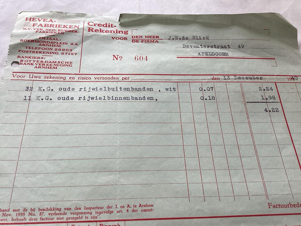 Creditrekening Hevea Fabrieken Apeldoorn 1940, Verzamelen, Ophalen of Verzenden