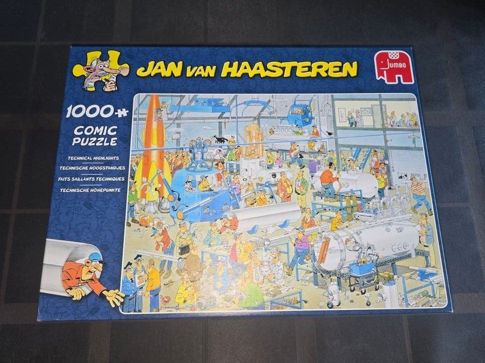 Puzzel Jan van haasteren  : technische hoogstandjes  (1000 s, Ophalen of Verzenden, 500 t/m 1500 stukjes, Zo goed als nieuw, Legpuzzel