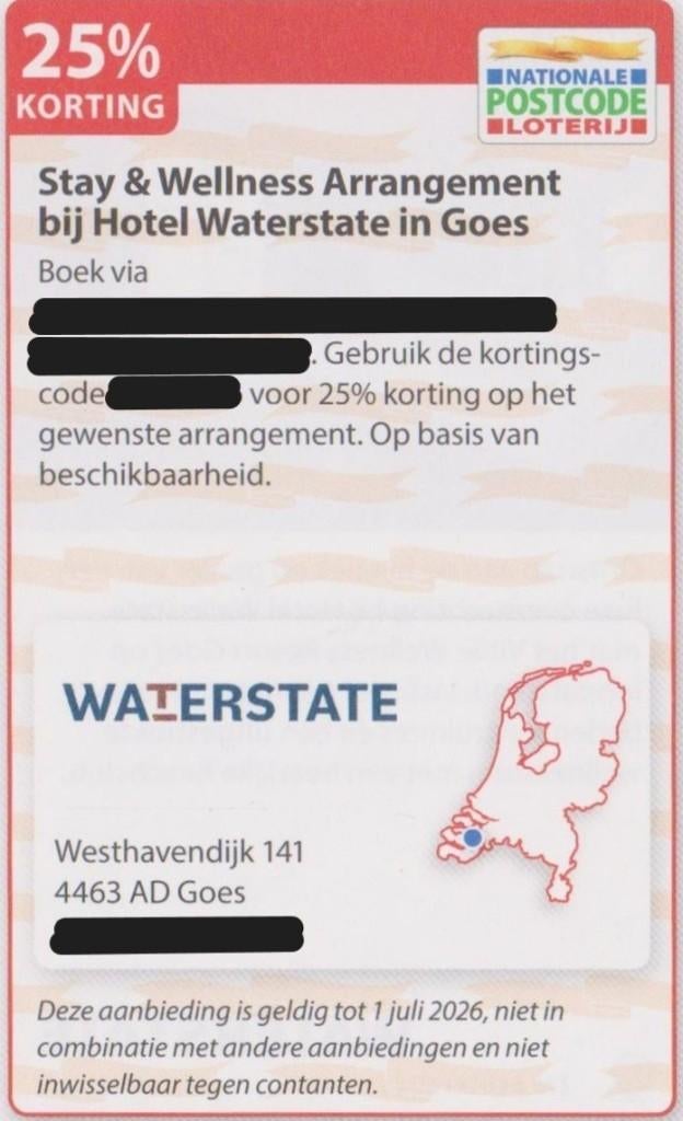 Hotel Waterstate, Goes. 25% korting. Postcodeloterij bon., Drie personen of meer, 3 overnachtingen of meer