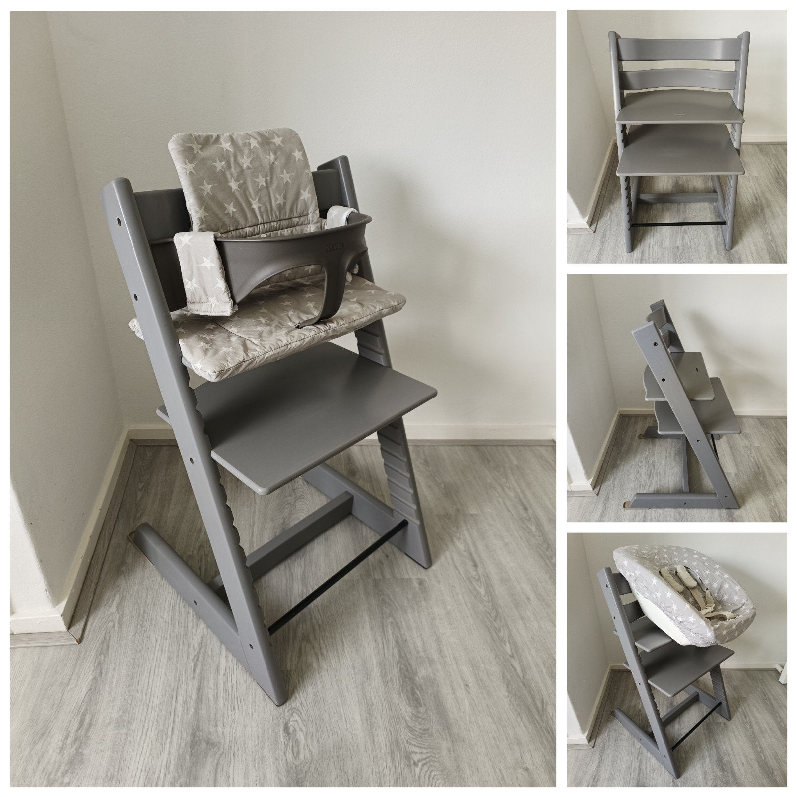 Stokke Tripp Trapp storm grey+babyset, kussen, newbornset, Kinderen en Baby's, Kinderstoelen, Meegroeistoel, Ophalen of Verzenden