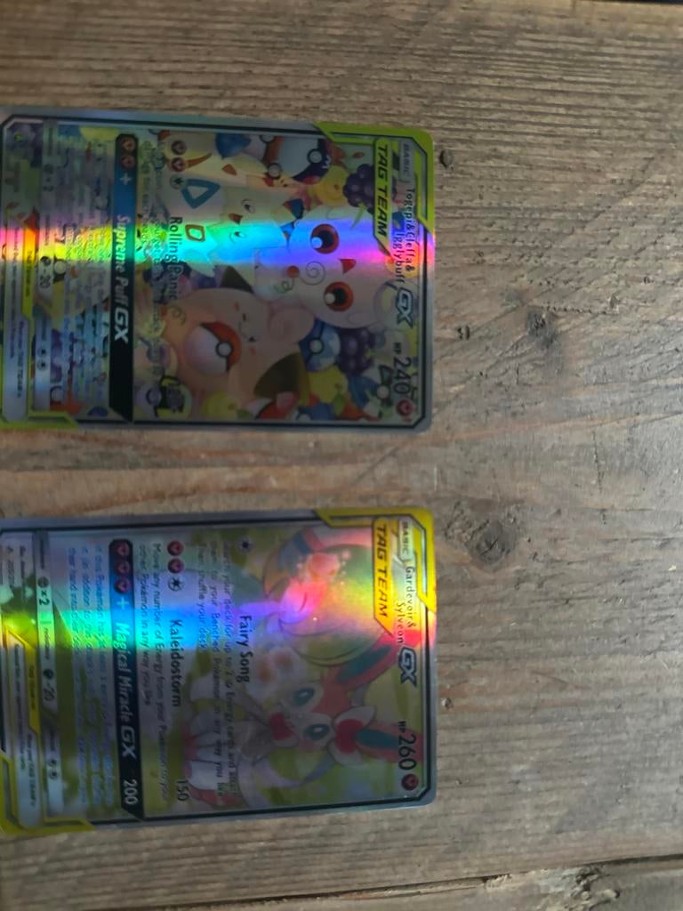 2 Zeldzame Pokémon GX Tag Team Kaarten - Foil, Ophalen of Verzenden, Zo goed als nieuw, Meerdere kaarten, Foil