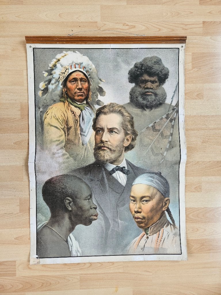 schoolplaat uit 1911 "De vijf mensenrassen", Antiek en Kunst, Ophalen of Verzenden, Natuur en Biologie