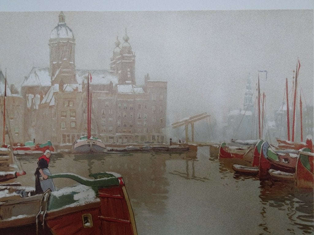 Litho zicht op Amsterdamse gracht in sneeuw H. Cassiers 1900, Antiek en Kunst, Kunst | Litho's en Zeefdrukken, Lithografie, Origineel