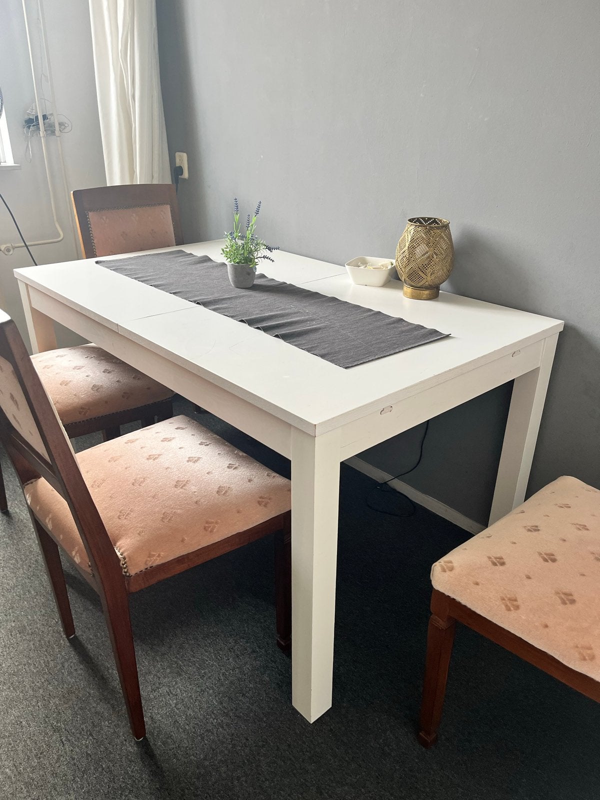 Witte eettafel met 4 stoelen, Ophalen, Gebruikt, 100 tot 150 cm, 50 tot 100 cm