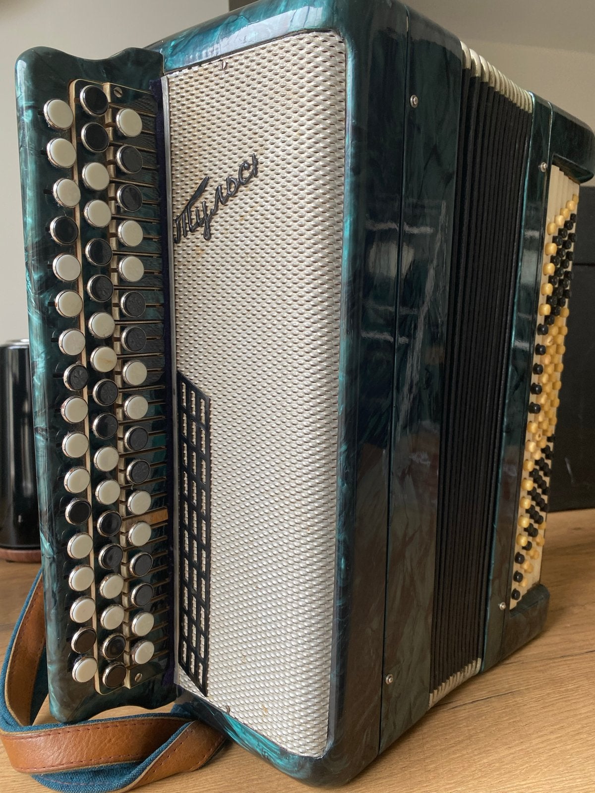 Vintage Knopaccordeon  - Groen Parelmoer, Muziek en Instrumenten, Accordeons, Gebruikt, Met riemen, Overige formaten, Knopaccordeon