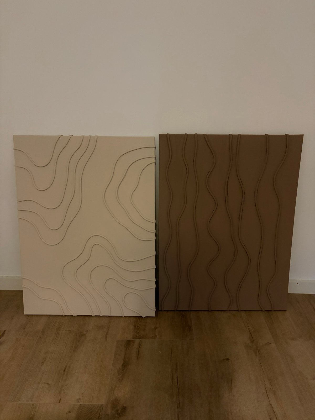 Set van 2 canvas stukken met neutrale kleuren, Schilderij, Meerkleurig, Textiel, Nieuw