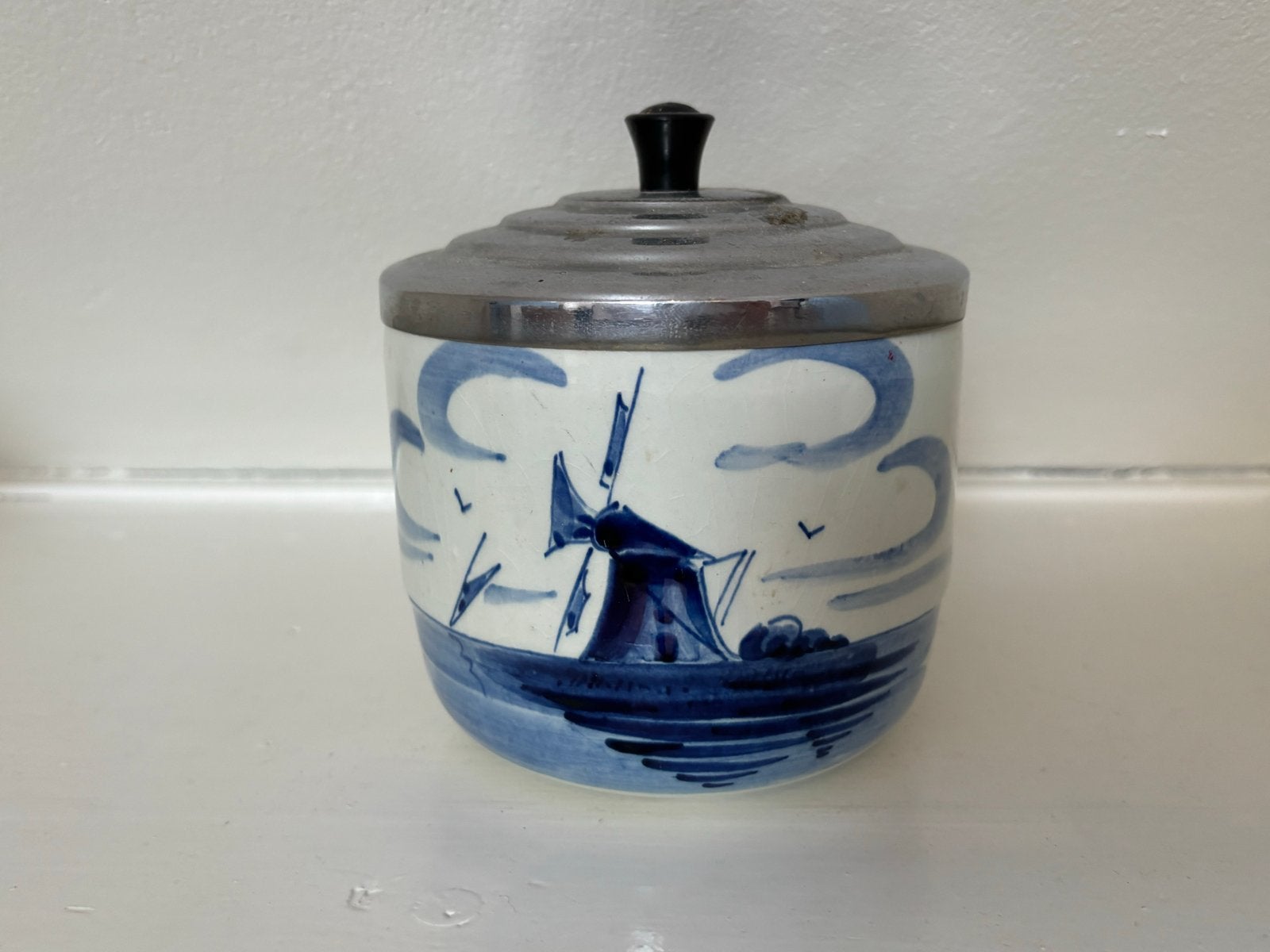 Delfts Blauw Hollandse Molen Beker met Deksel, Ophalen