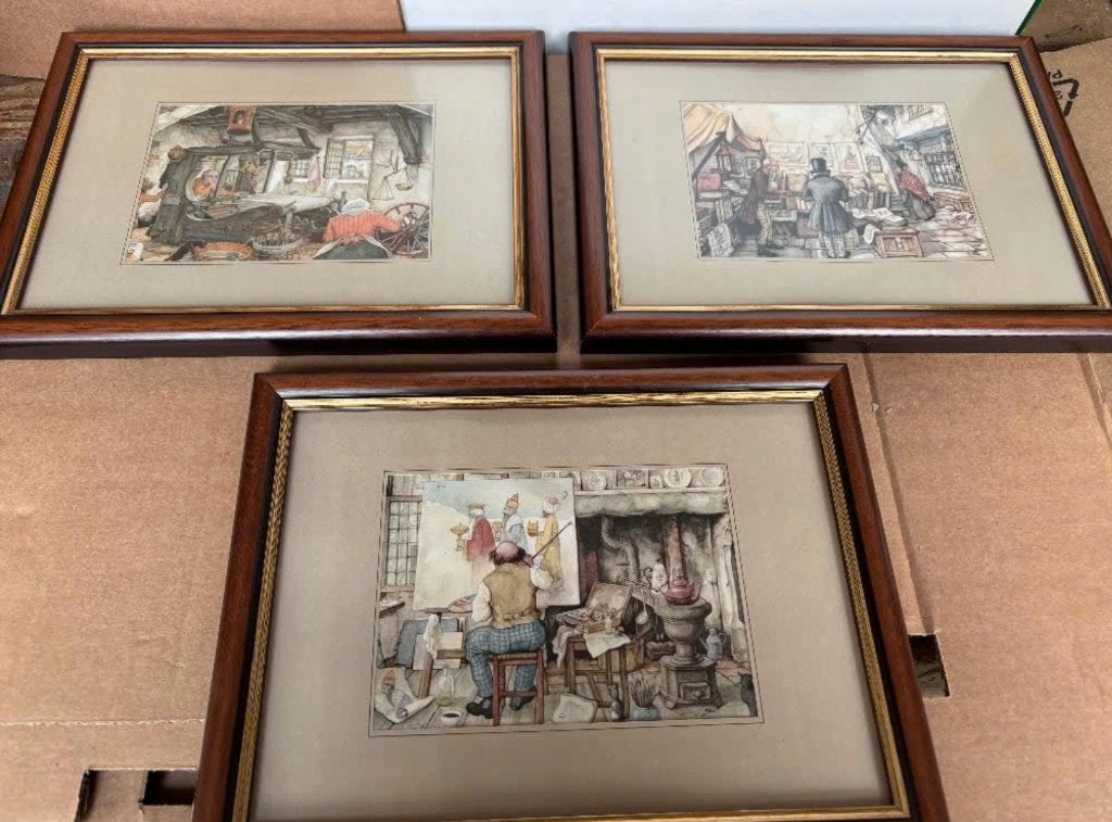 Drie ingelijste tekeningen van Anton Pieck (31 x 24), Ophalen of Verzenden, Reproductie, Pentekening, Ingelijst