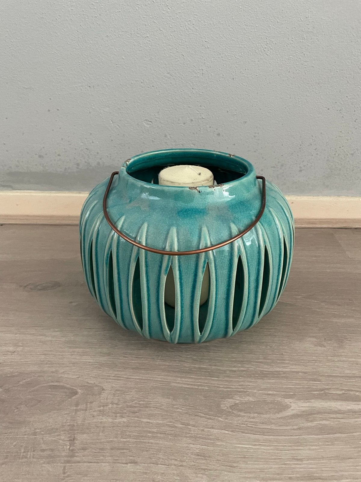 Turquoise windlicht/lantaarn  20 cm hoog/25 breed, Ophalen, Zo goed als nieuw