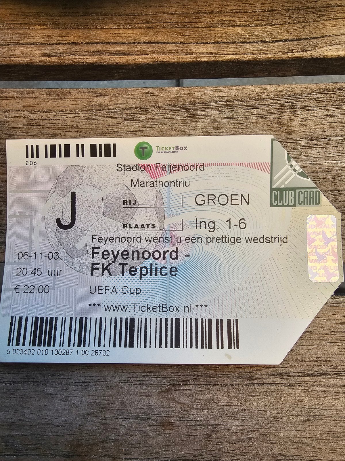 kaartje feyenoord-fk teplice 06-11-2003 uefa cup, Verzenden, Feyenoord
