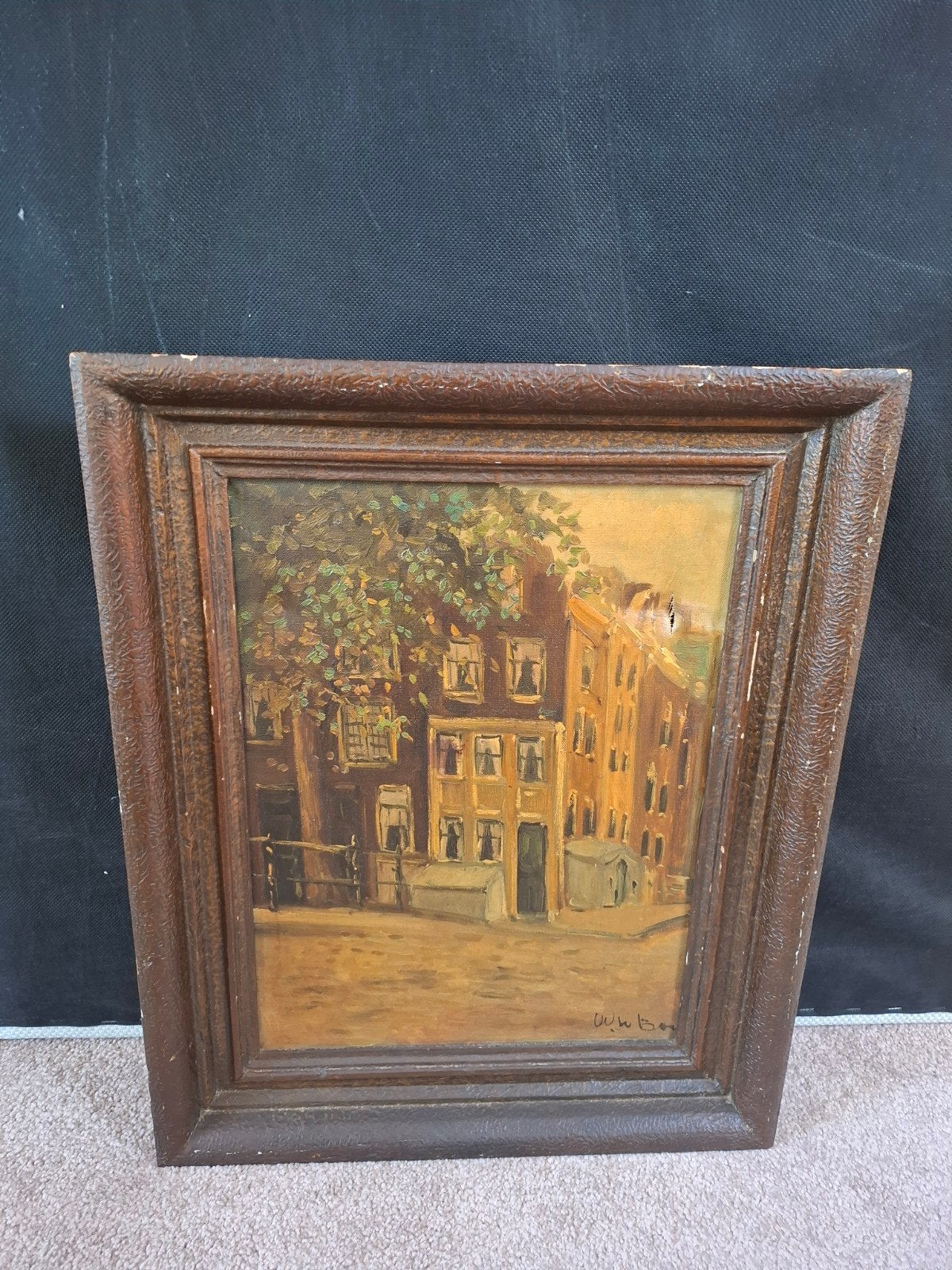 Oud Hollands Stadsgezicht Olieverf op Doek - Klein Scheurtje, Antiek en Kunst, Handgeschilderd, Doek, Oud hollands, Ophalen of Verzenden