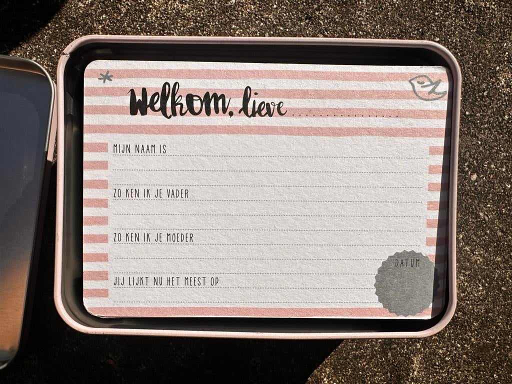 Hello Babygirl invulkaarten voor kraambezoek in blik, Ophalen of Verzenden, Zo goed als nieuw
