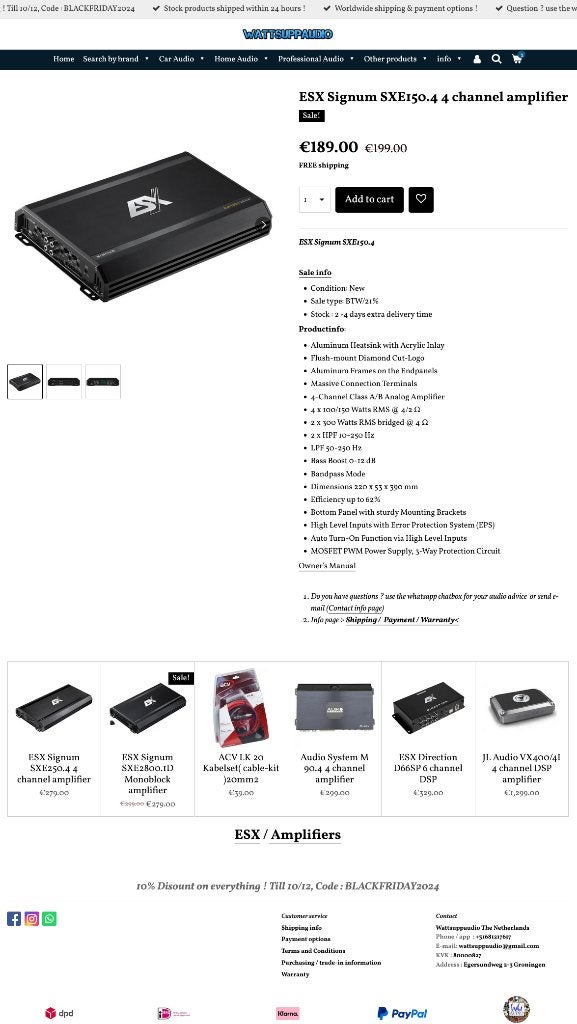 ESX Signum SXE150.4 4 kanaals versterker 1200W / 600W RMS, Audio Design, Nieuw, Am Breilingsweg 3, 76709 Kronau, Duitsland, Ophalen of Verzenden