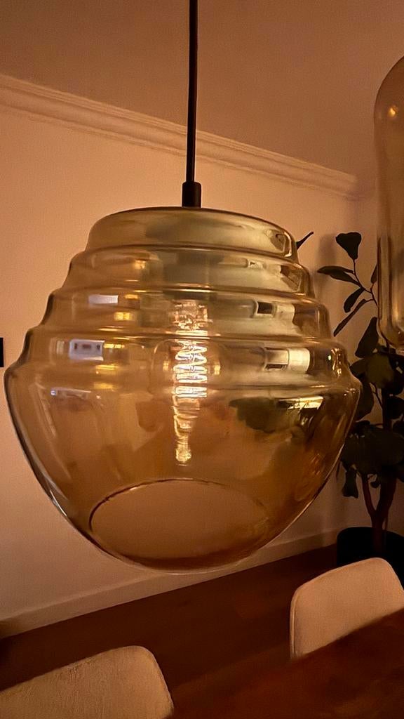 Prachtige hanglamp met 5 amberkleurige glazen vormen, Ophalen, Zo goed als nieuw, Glas