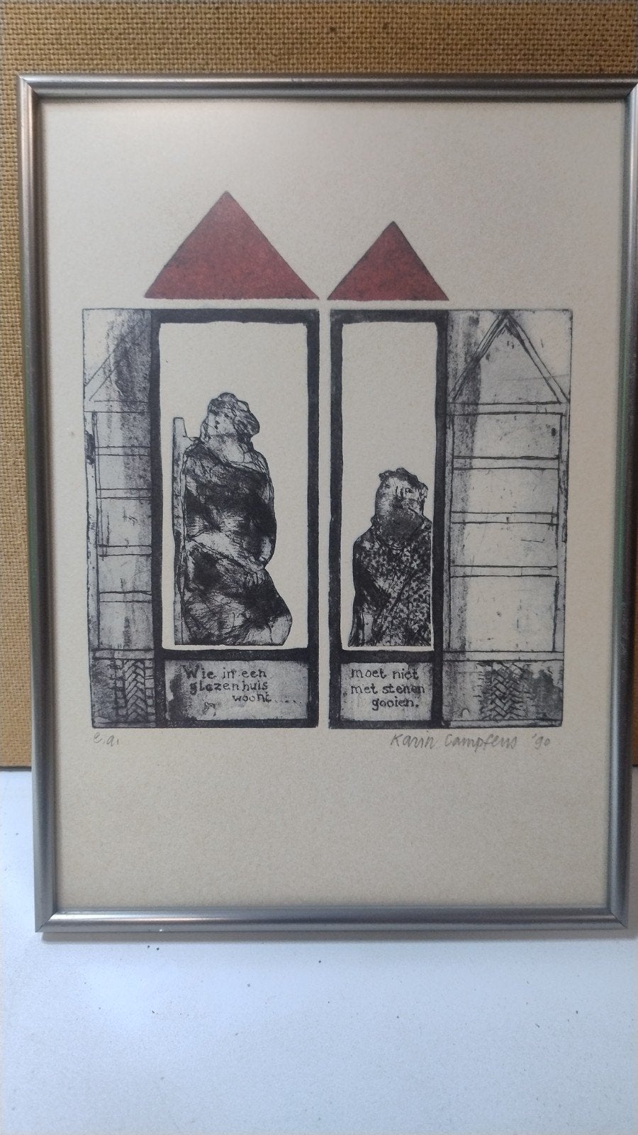 4 ingelijste etsen van Karin Campfens, 1990, gesigneerd, Ophalen of Verzenden, Ets, Gesigneerd, 1950 - 1999