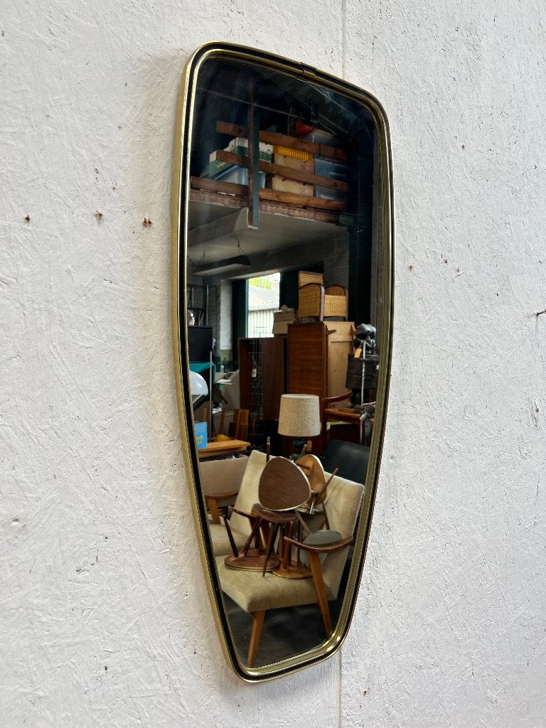 Vintage spiegel met messing gouden lijst, Antiek en Kunst, Ophalen of Verzenden, Overige vormen, Minder dan 50 cm, Minder dan 100 cm