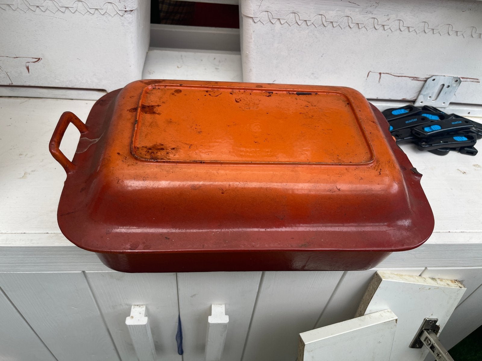 Vintage Gietijzeren Braadpan Oranje, Ophalen, Gebruikt, Met deksel, Braadpan
