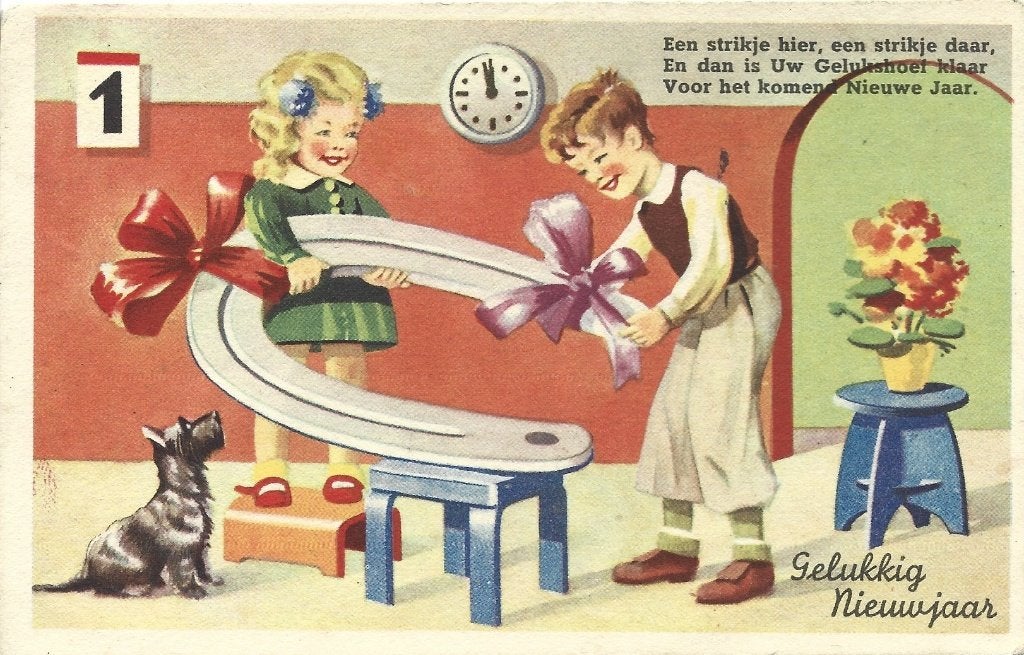 Vintage*Gelukkig Nieuwjaar*Jongen,Meisje,Hoefijzer,Rijmpje, Verzamelen, Ophalen of Verzenden, 1940 tot 1960, Gelopen, Kinderen