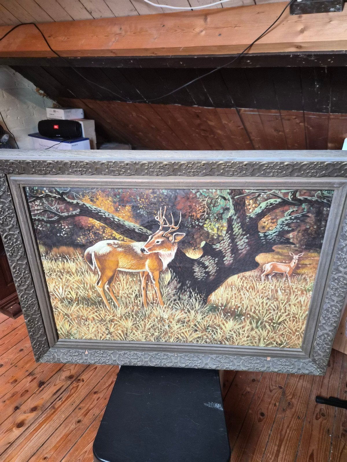 Schilderij met herten in bos, gesigneerd 'Scott', Antiek en Kunst, Kunst | Schilderijen | Klassiek, Ophalen of Verzenden