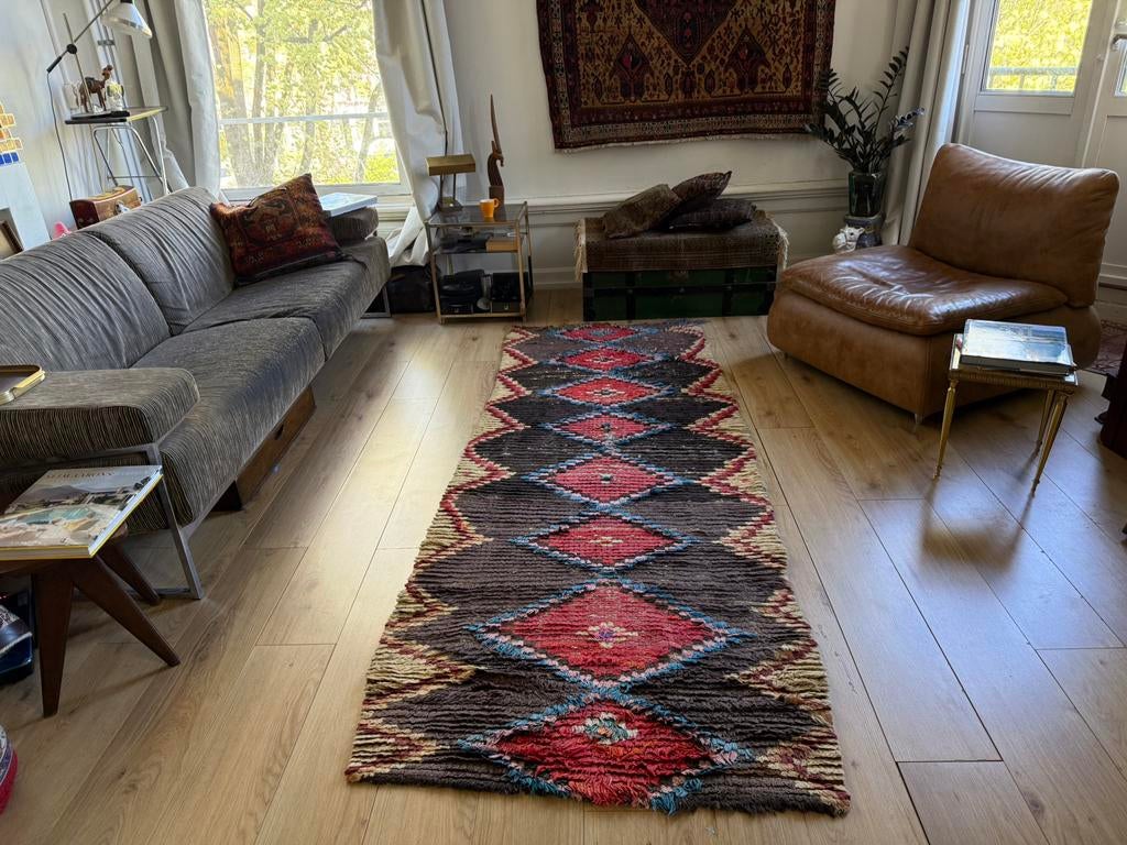 Vintage Marokkaanse Boucherouite loper / tapijt 267x97 cm