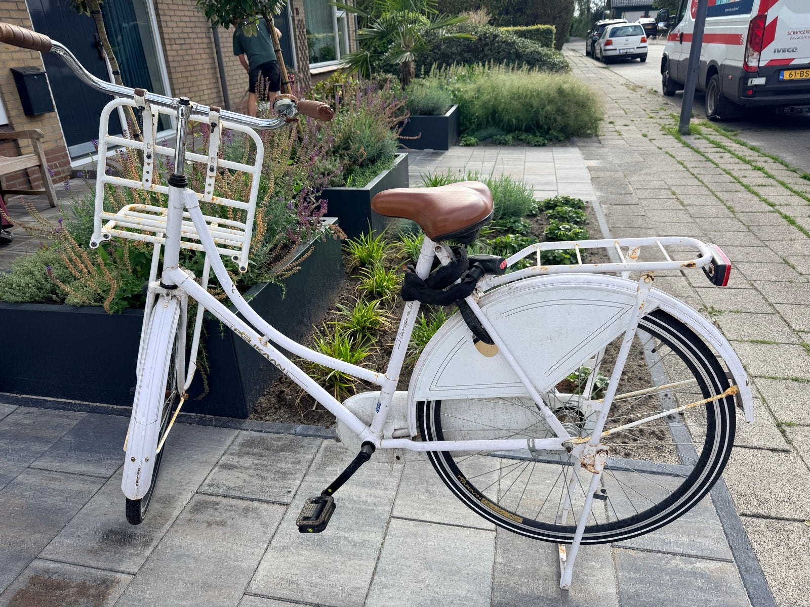 Witte damesfiets met voordrager en terugtraprem, Terugtraprem, Gebruikt, 50 tot 53 cm, Ophalen