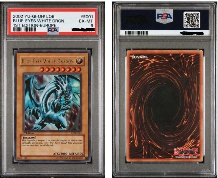 Blue-Eyes White Dragon LOB-E001 1st Edition PSA 6, Ophalen of Verzenden, Zo goed als nieuw