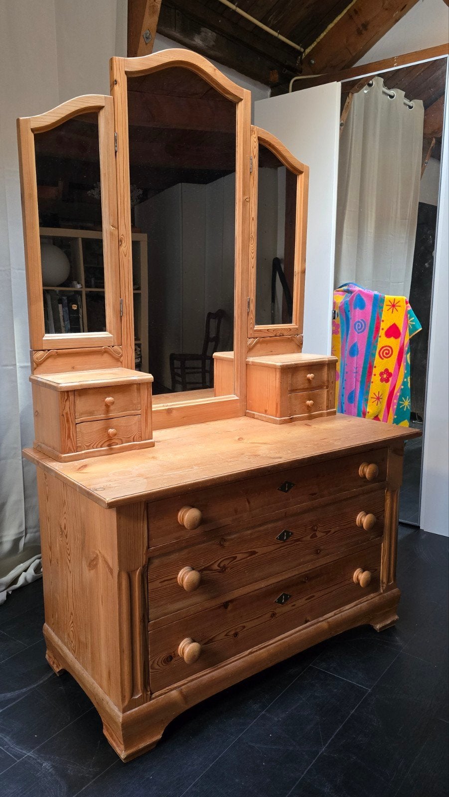 Antieke grenen kaptafel met 3-delige spiegel en ladenkast, Gebruikt, 100 tot 150 cm, Ophalen of Verzenden, Antiek grenen landschappelijke stijl
