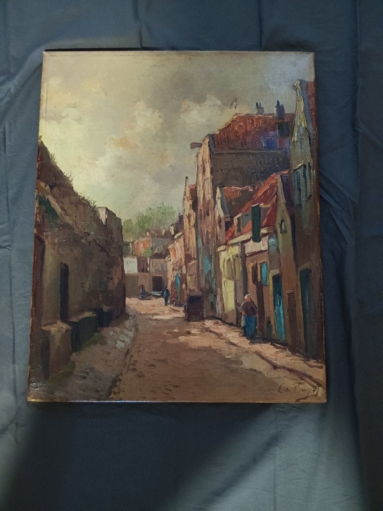 Sfeervol antiek olieverfschilderij- Straatje in Dordrecht-, Antiek en Kunst, Ophalen, Doek, Olieverf, Klassiek
