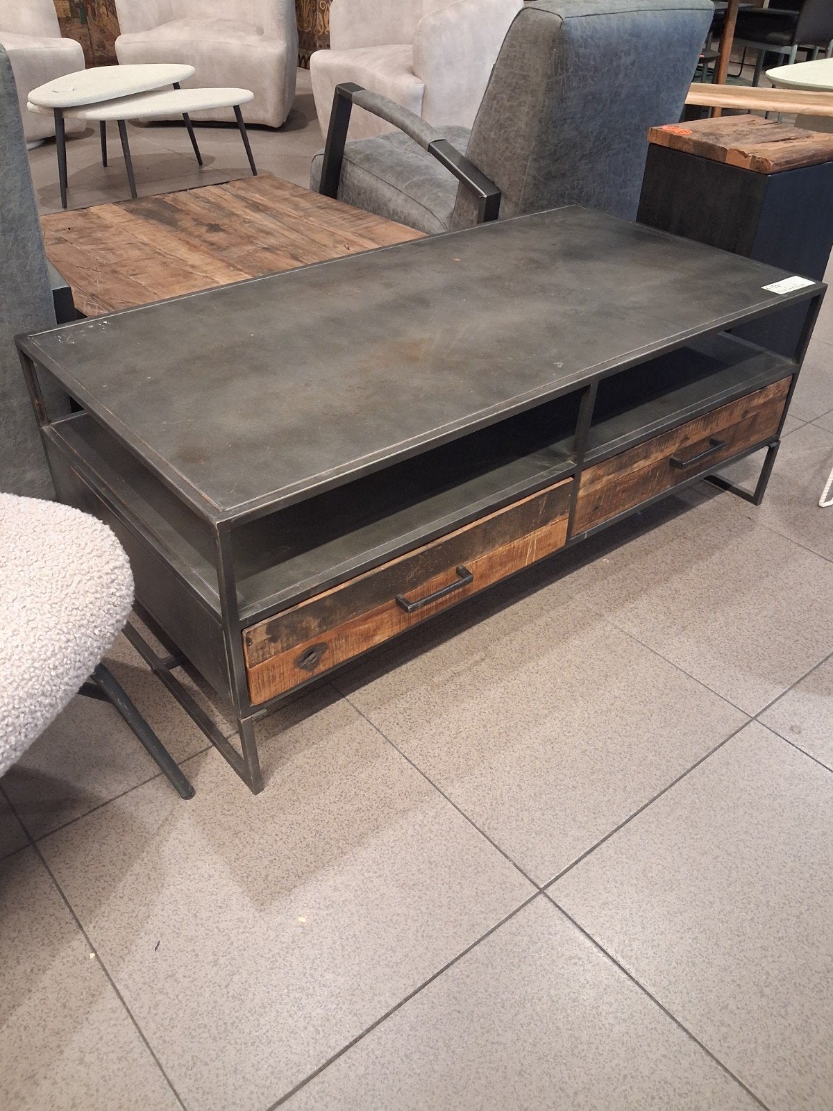 nieuwe industriële salontafel 120x60x46cm teakhout metaal, Ophalen, Meerkleurig, ., Nieuw