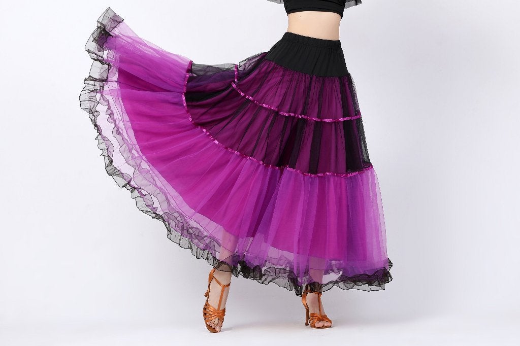 Paars zwarte flamenco rok dans kleding ballroom waltz dames, Sport en Fitness, Verzenden, Nieuw, Kleding