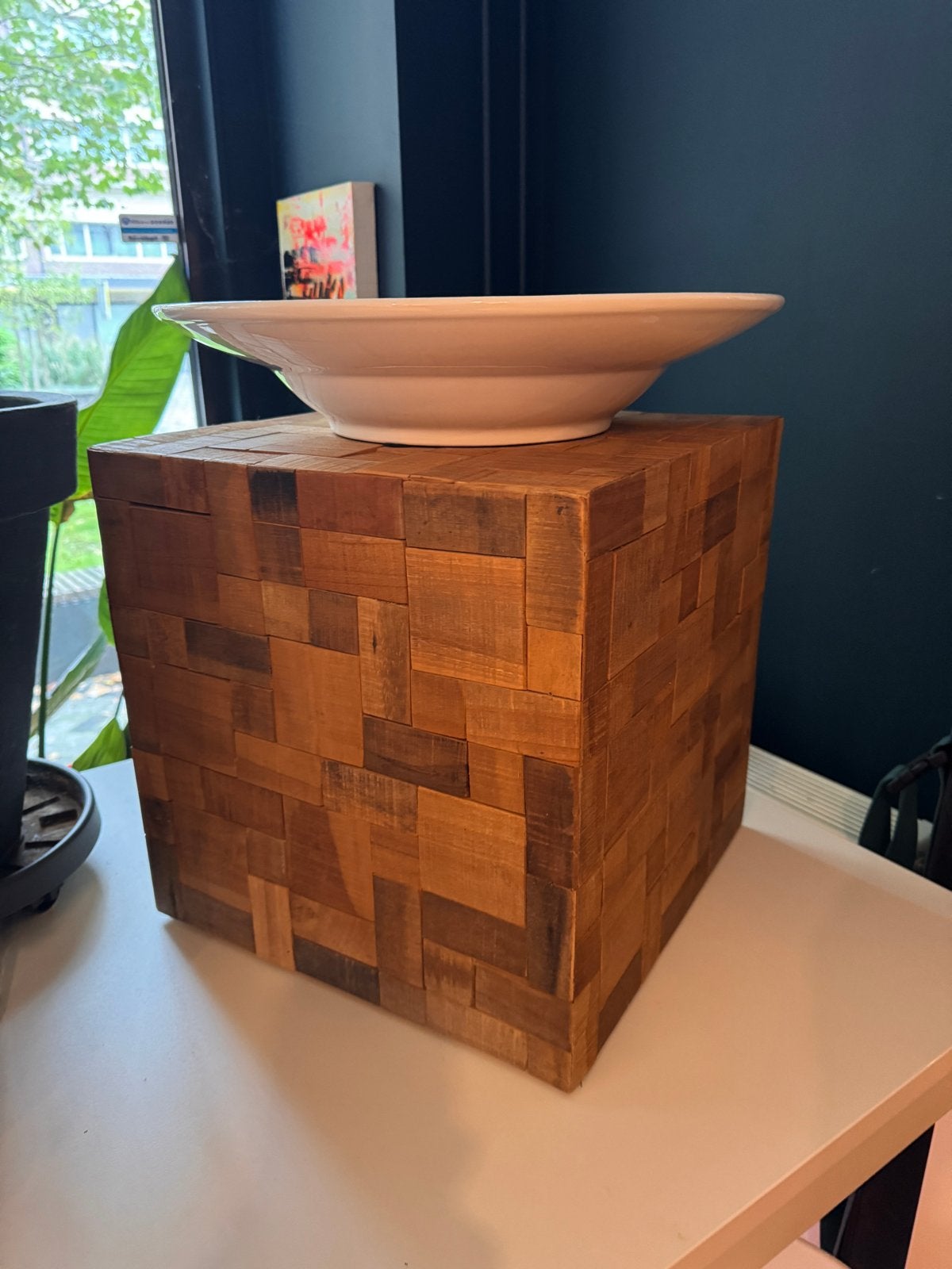 Mosaic Deco bijzettafel/nachtkastje van teak en acacia hout, Huis en Inrichting, Ophalen, Minder dan 45 cm, Minder dan 55 cm, Gebruikt
