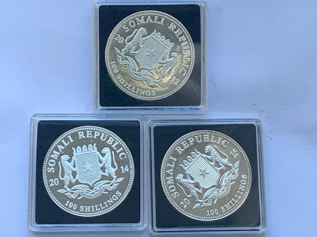 3 zilveren 1 oz somalische olifanten 2012, 2014 en 2015, Postzegels en Munten, Munten | Afrika, Ophalen of Verzenden, Overige landen