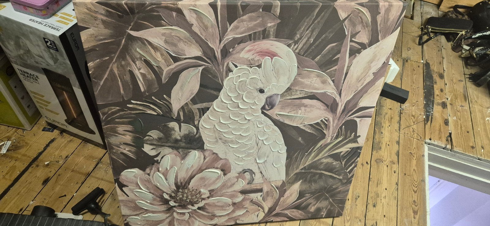Schilderij Kaketoe met bloemen - 3D effect, 50 – 75, Ophalen of Verzenden, Zo goed als nieuw, Schilderij