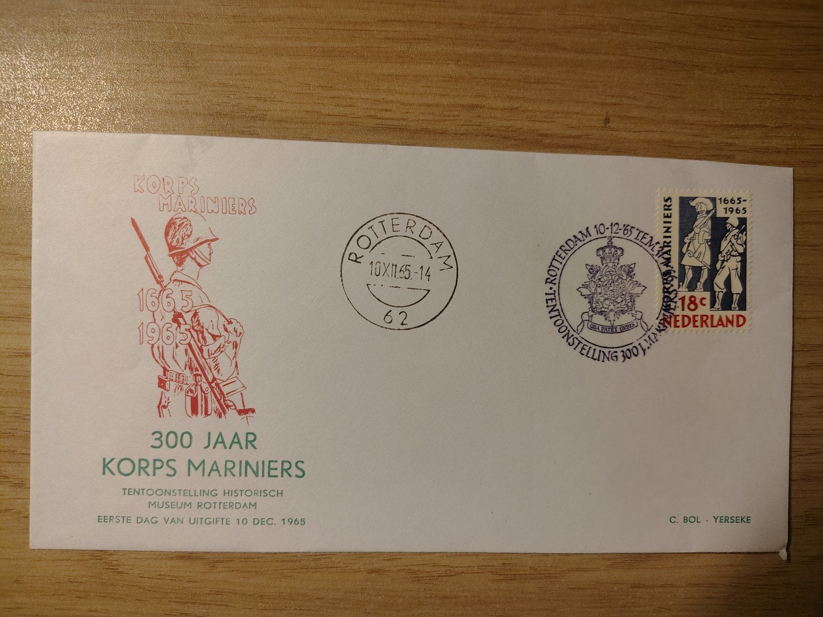 Nederland FDC 300 jaar Korps Mariniers C. Bol - Yerseke, Ophalen of Verzenden, Marine, Nederland, Embleem of Badge