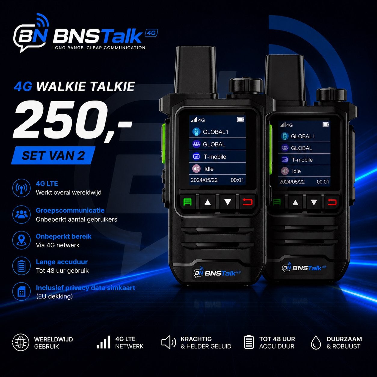 BNSTalk 4G Walkie Talkie - Wereldwijd Bereik, Ophalen of Verzenden, Nieuw, 15 km of meer, Portofoon of Walkie-talkie