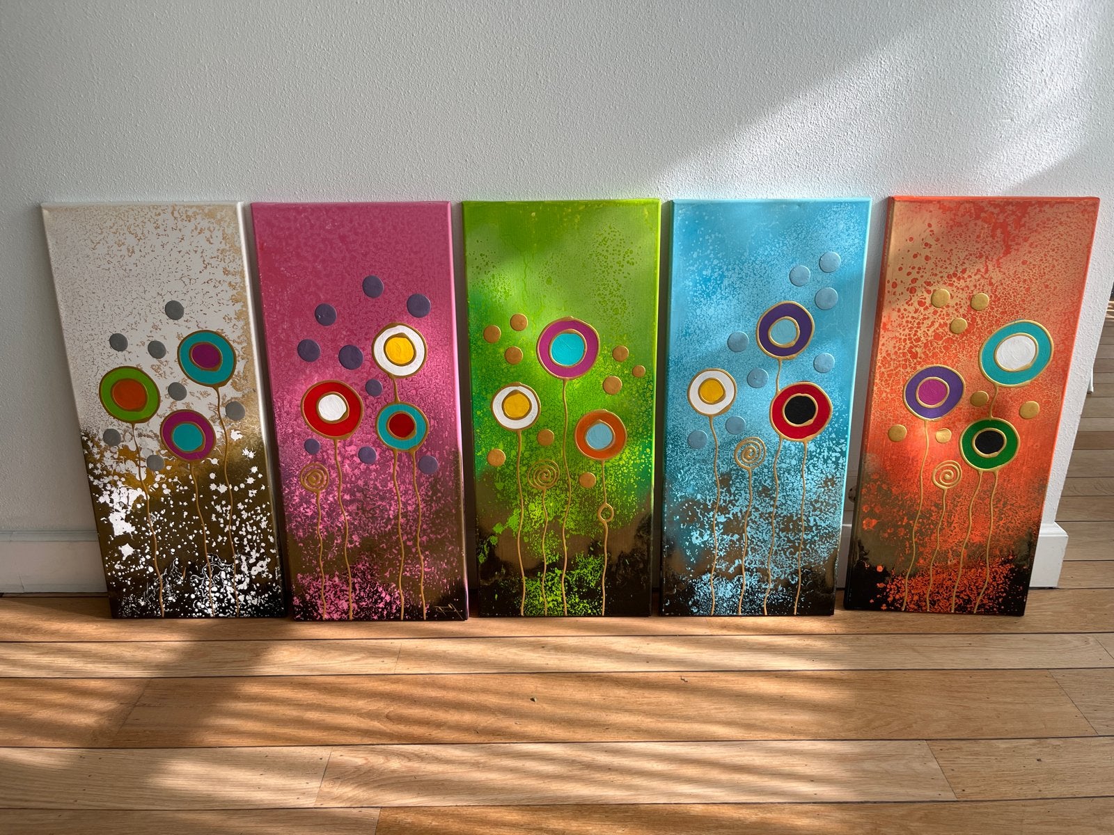 Set van 5 kleurrijke schilderijen, Ophalen, 50 – 75, Minder dan 50 cm, Zo goed als nieuw