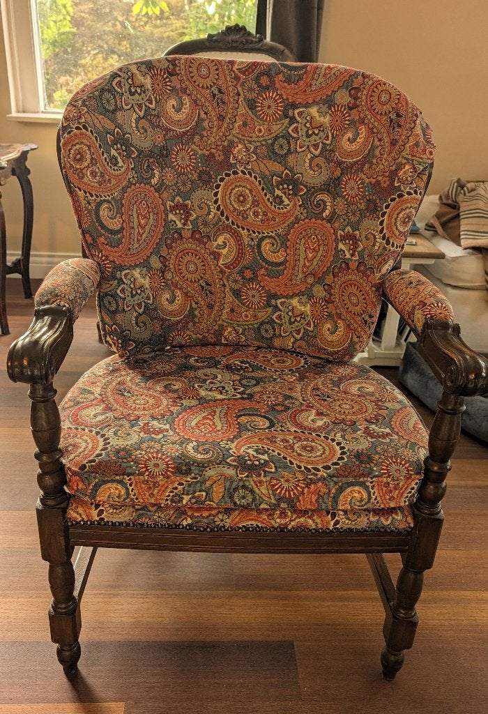 Vintage Fauteuil met Paisley Print | Klassiek Eiken Armstoel, Huis en Inrichting, Ophalen, Hout, Minder dan 75 cm, 50 tot 75 cm
