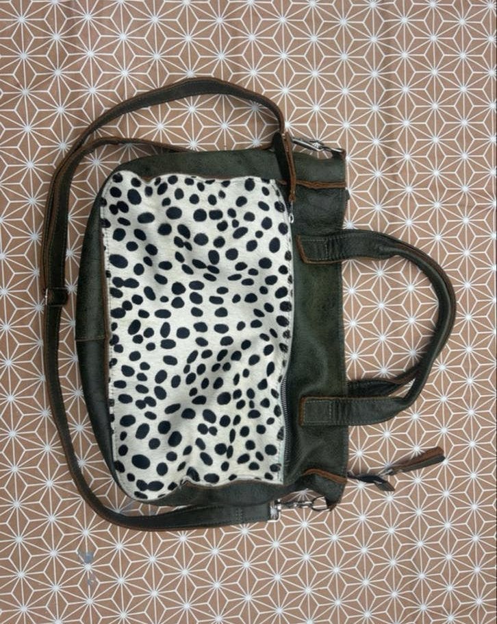 Groene luiertas (echt leer) met dalmatiër print, Gebruikt, Ophalen of Verzenden, Schoudertas, Groen