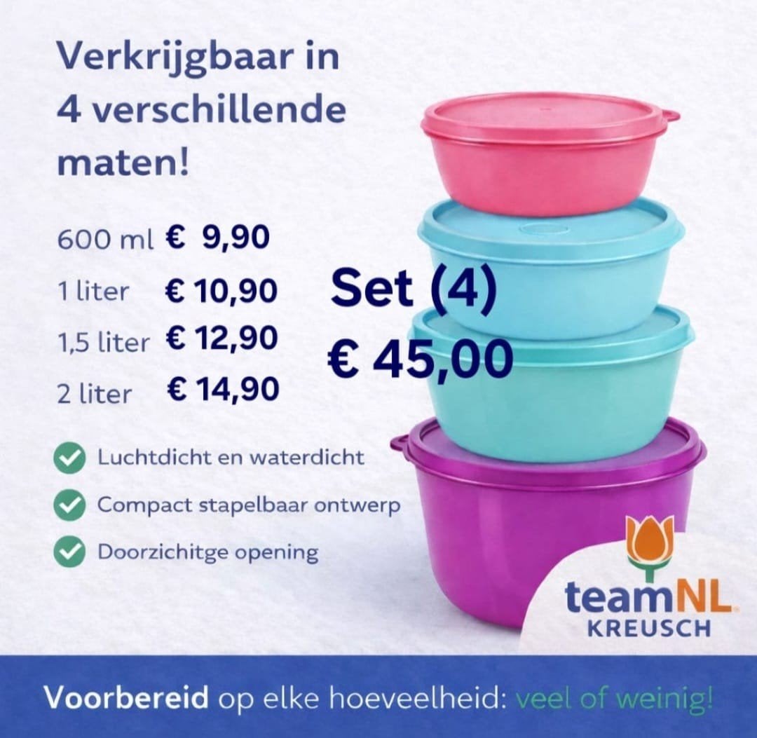 TUPPERWARE Ruimtekommen Set (4) 600 ml-1 lt-1,5 lt-2,0 lt, Huis en Inrichting, Keuken | Tupperware, Ophalen of Verzenden, Nieuw