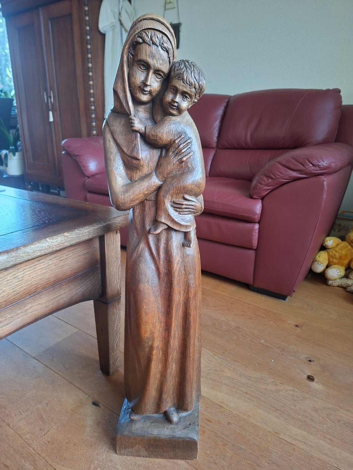 Houten Beeld Maria met Kind - Handgesneden Religieuze Kunst, Antiek en Kunst, Ophalen of Verzenden