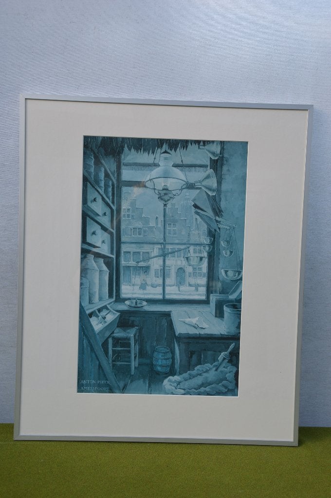 Anton Pieck Reproductie Kruidenierswinkeltje aan 't Havik, Ophalen of Verzenden, Tekening, Pentekening, Ingelijst