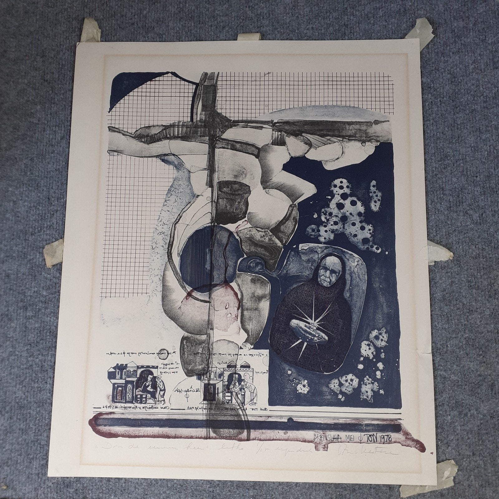 Abstracte Ets met Figuratieve Elementen, gesigneerd, Ophalen, Portret, Ets, 1950 - 1999